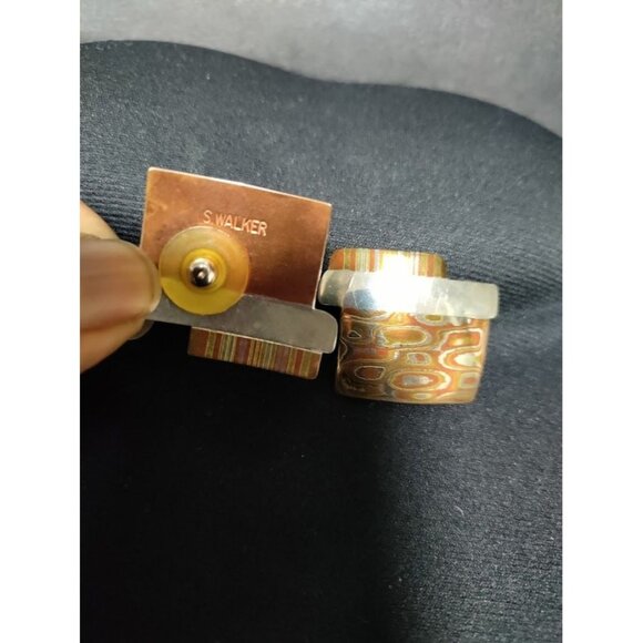 Vintage S.Walker Modernist Sterling Silver and Brass Earring and Bracelet Set - Picture 6 of 10